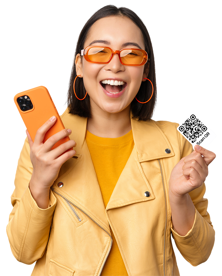 Happy customer showing QR code with loyalty program features like UPI/bank payout