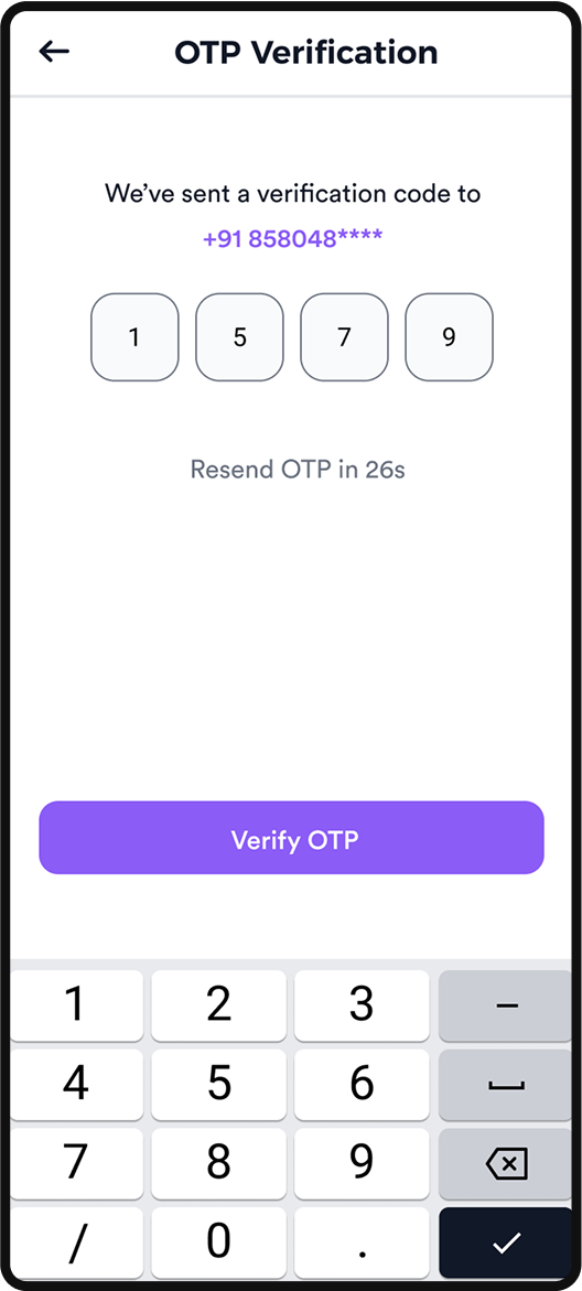 Mobile number OTP verification screen for user login